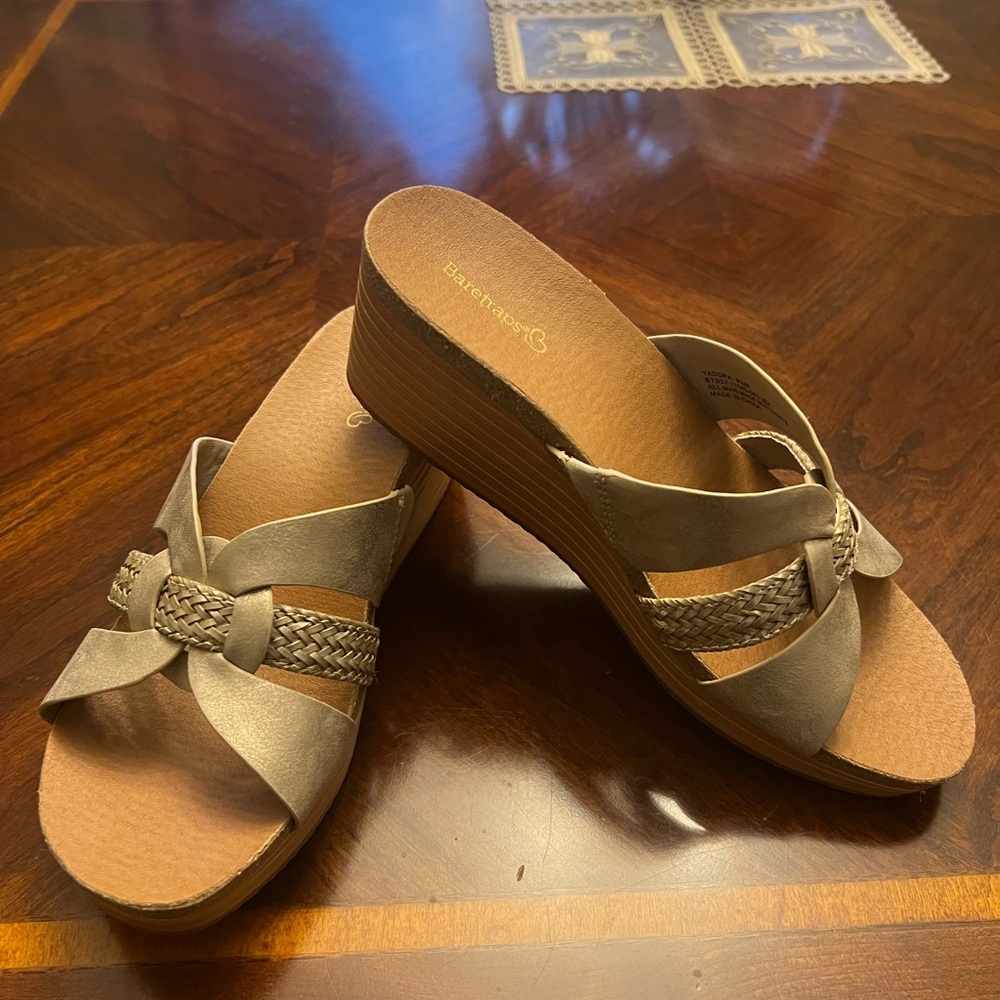 Sold! Bear Traps Taupe Gold Wedge Sandals with Braided Detail.